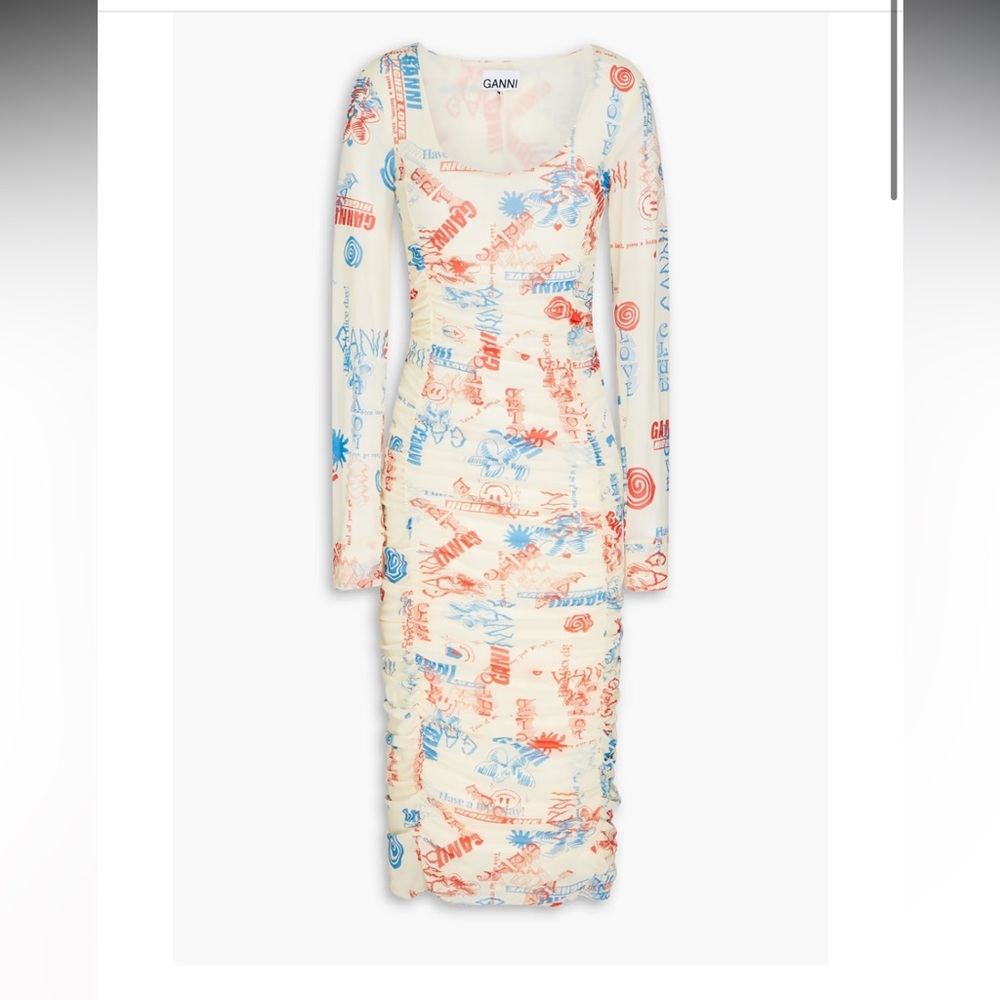 GANNI Ruched printed stretch-mesh midi dress